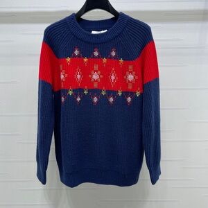 Ami Blue and Red Geometric Turtleneck Sweater